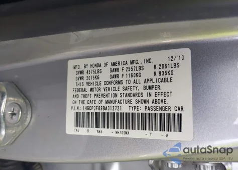 2011 Honda Accord Exl z USA, uszkodzony, nr VIN 1HGCP3F89BA012721